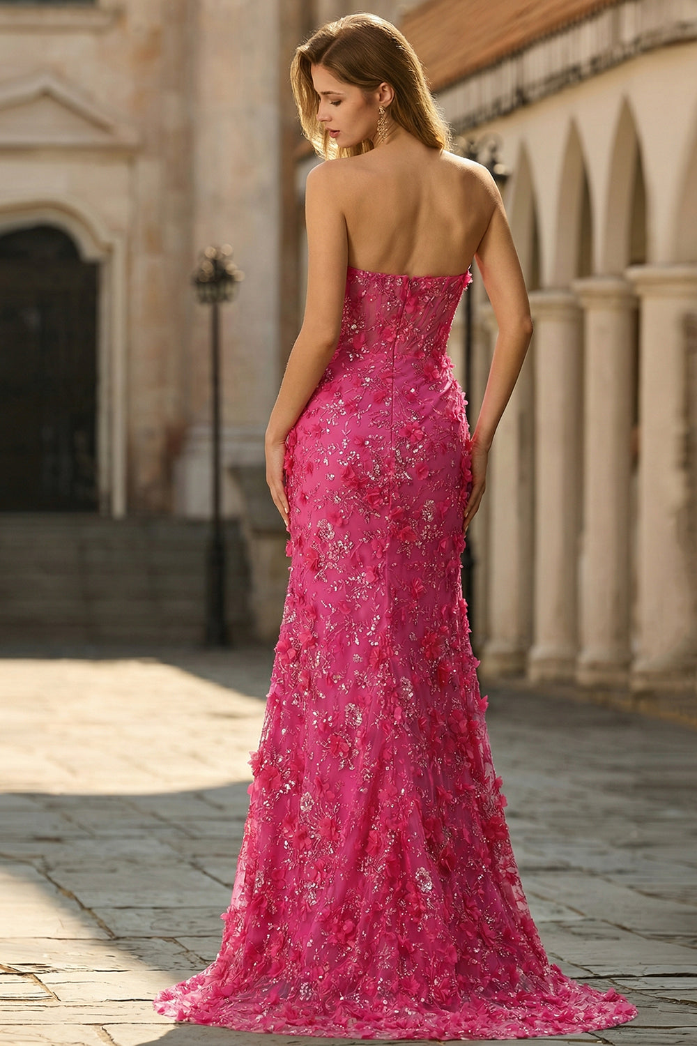 Sparkly Blue Floral Beaded Mermaid Long Corset Prom Dress with Slit