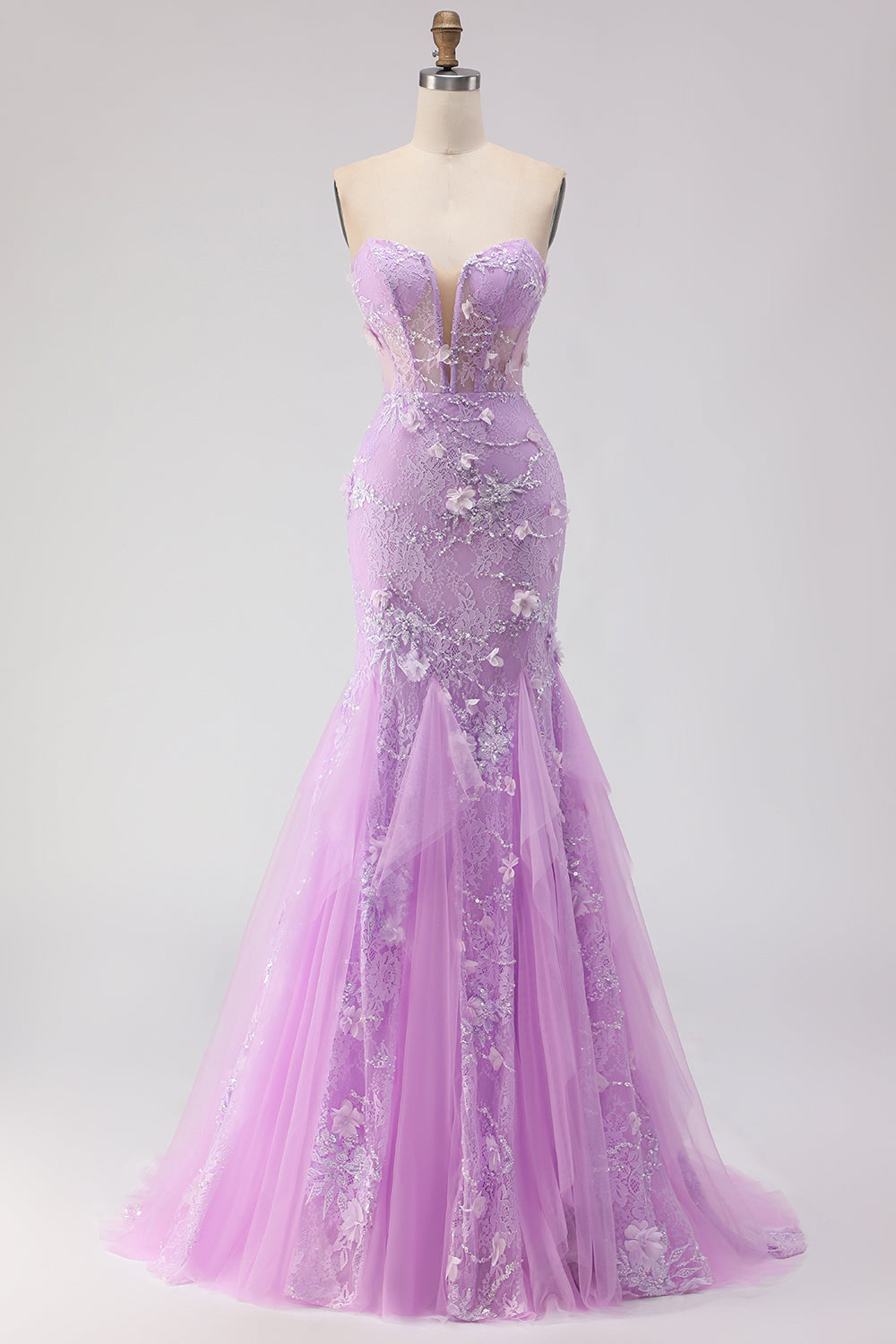 Floral Yellow Mermaid Tulle Strapless Long Corset Prom Dress with Lace