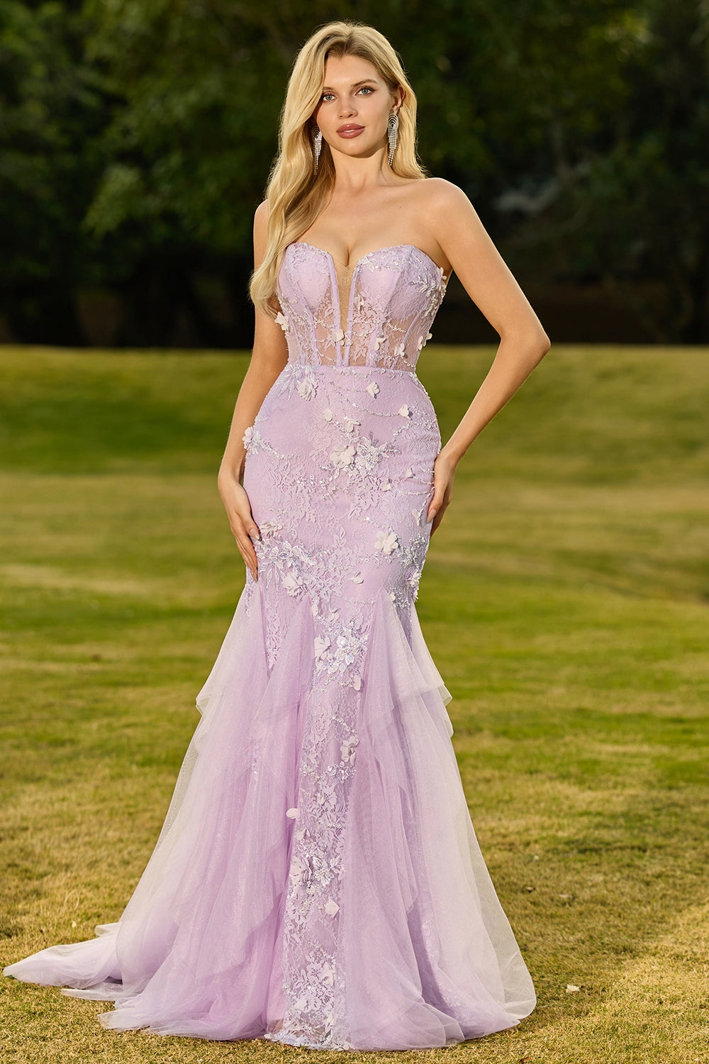 Floral Yellow Mermaid Tulle Strapless Long Corset Prom Dress with Lace