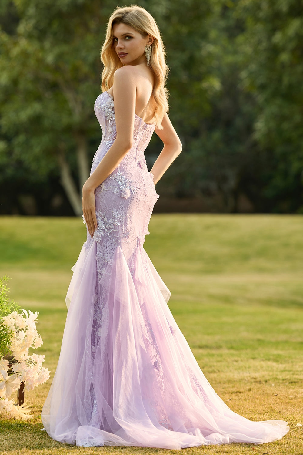 Floral Yellow Mermaid Tulle Strapless Long Corset Prom Dress with Lace