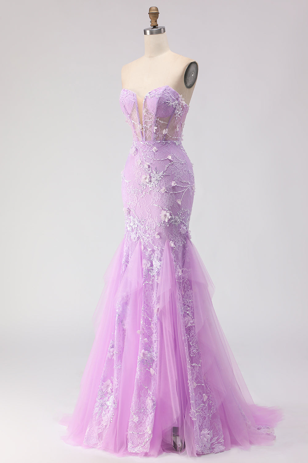 Floral Yellow Mermaid Tulle Strapless Long Corset Prom Dress with Lace