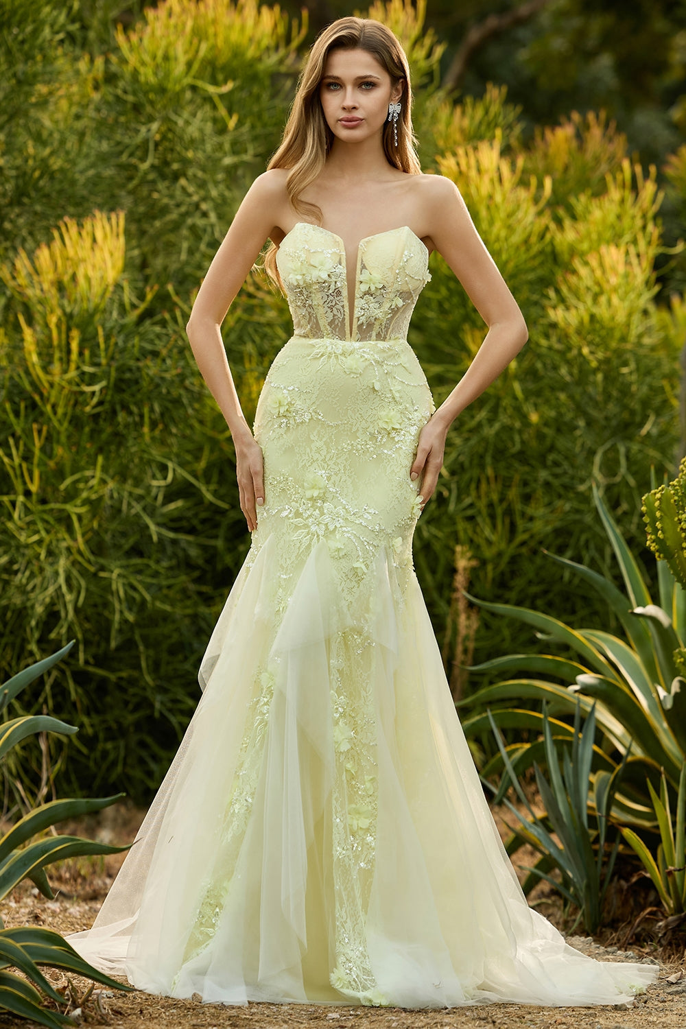Floral Yellow Mermaid Tulle Strapless Long Corset Prom Dress with Lace