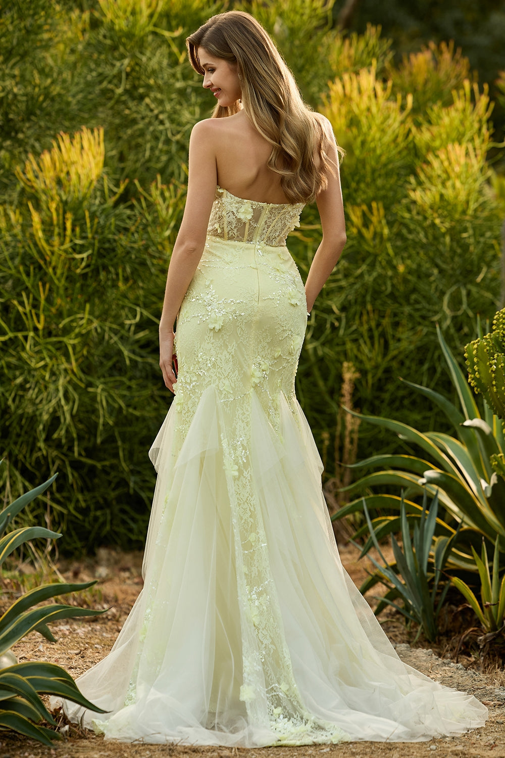 Floral Yellow Mermaid Tulle Strapless Long Corset Prom Dress with Lace