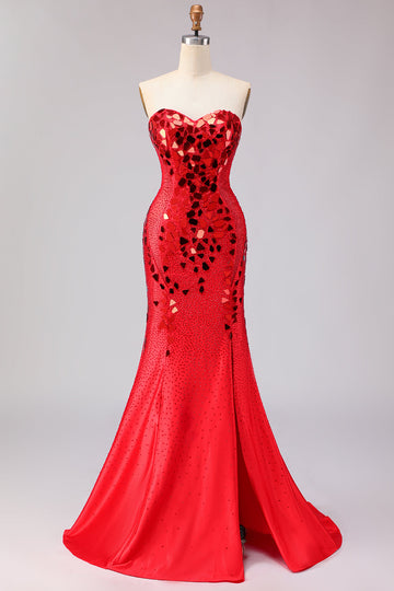 Sparkly Red Mermaid Mirror Sweetheart Long Prom Dress with Slit