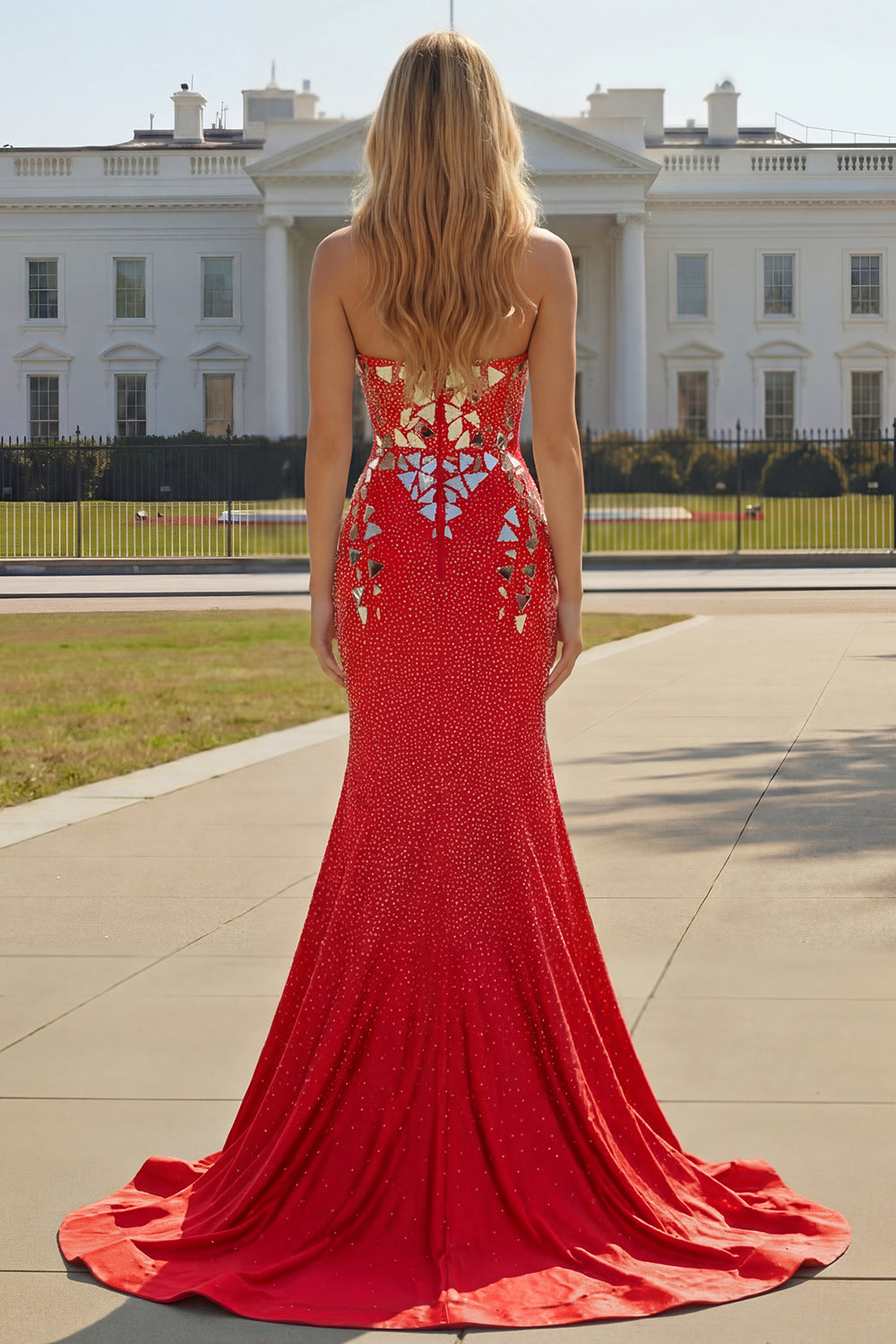 Sparkly Royal Blue Sweetheart Beaded Mirror Long Prom Dress with Slit