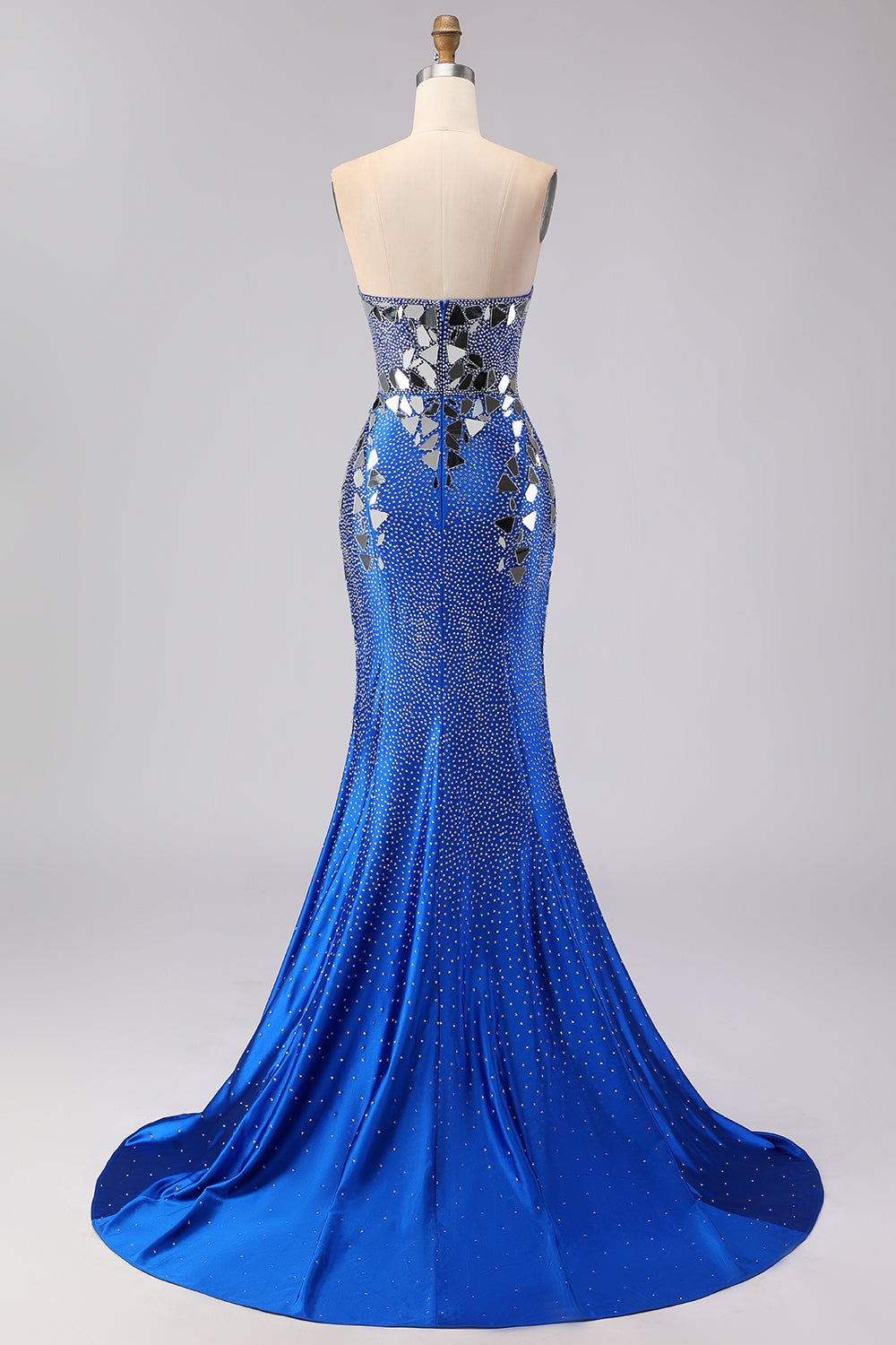 Sparkly Royal Blue Sweetheart Beaded Mirror Long Prom Dress with Slit