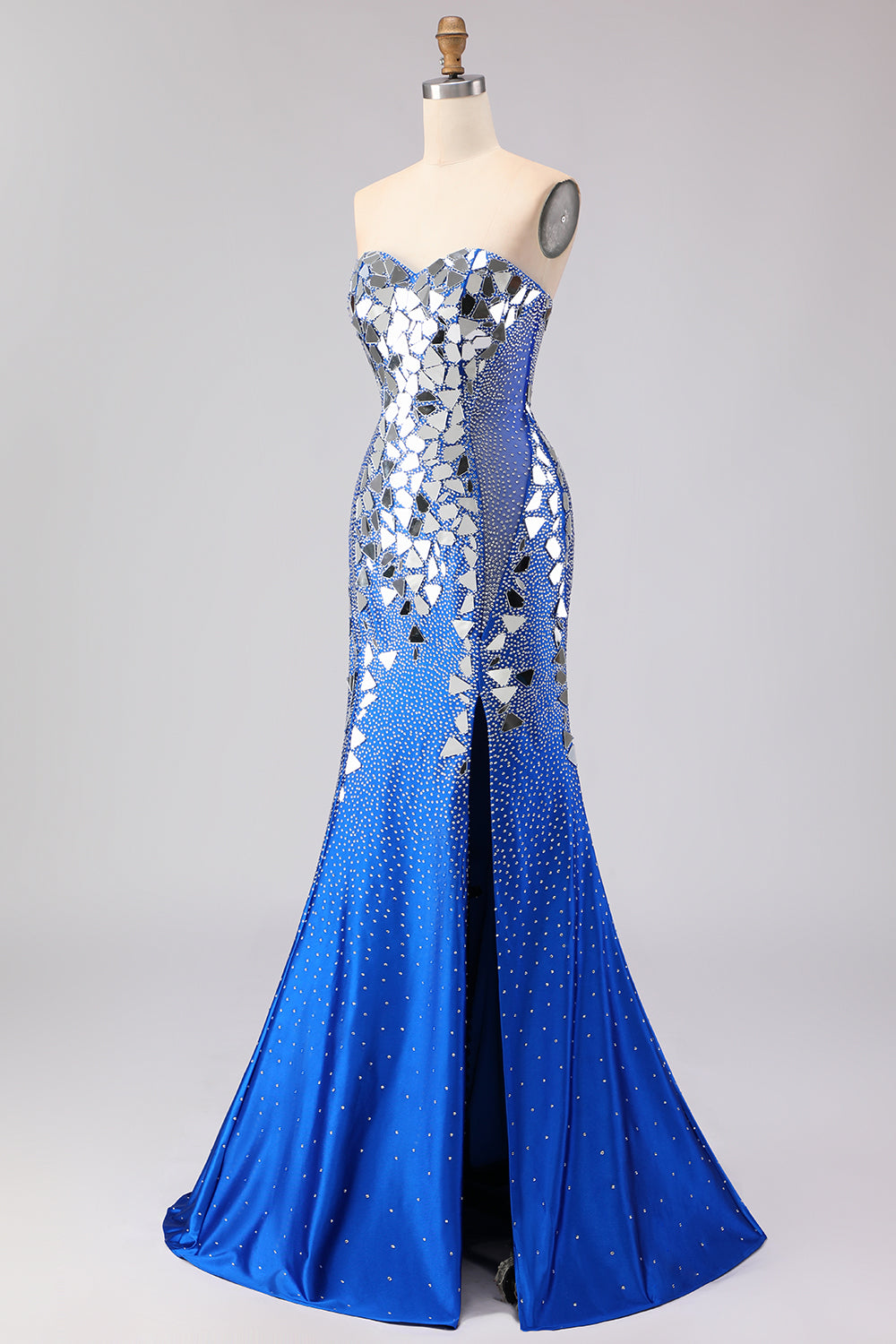 Sparkly Royal Blue Sweetheart Beaded Mirror Long Prom Dress with Slit