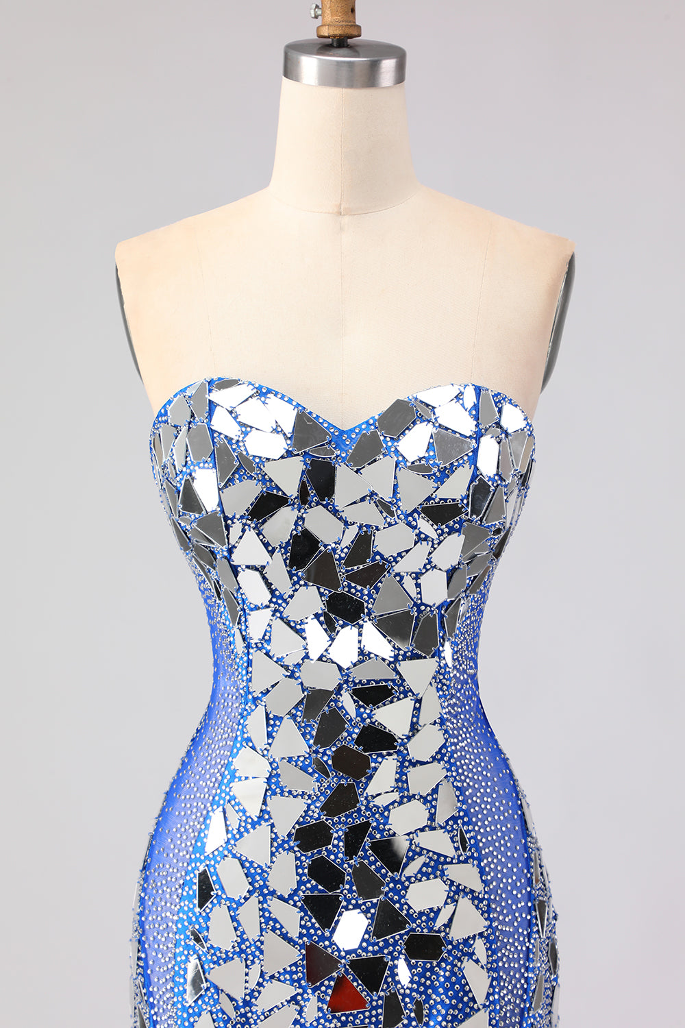 Sparkly Royal Blue Sweetheart Beaded Mirror Long Prom Dress with Slit