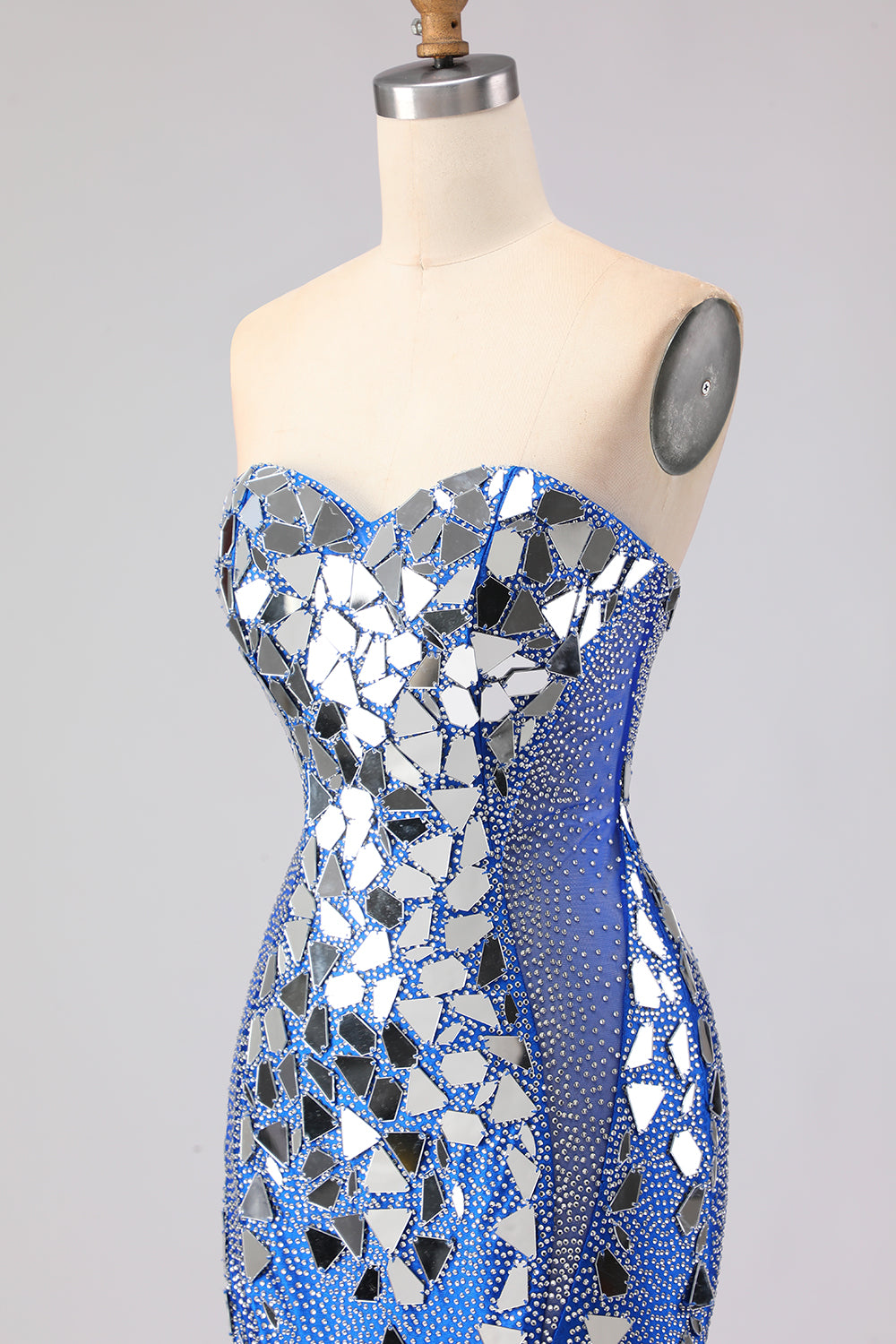 Sparkly Royal Blue Sweetheart Beaded Mirror Long Prom Dress with Slit