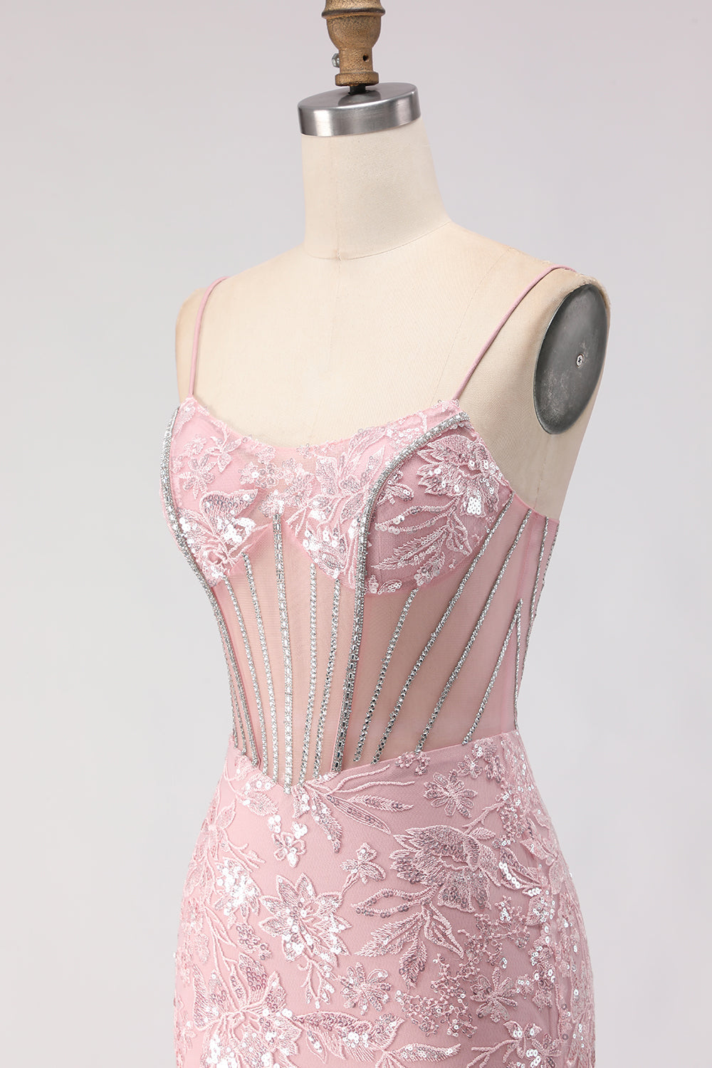 Sparkly Floral Blush Sequin Lace Long Corset Prom Dress with Rhinestone