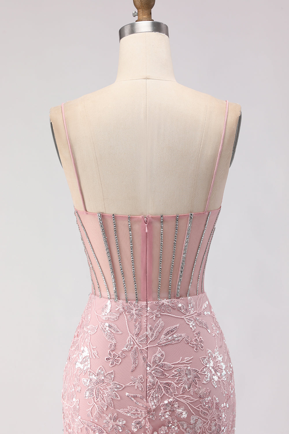 Sparkly Floral Blush Sequin Lace Long Corset Prom Dress with Rhinestone