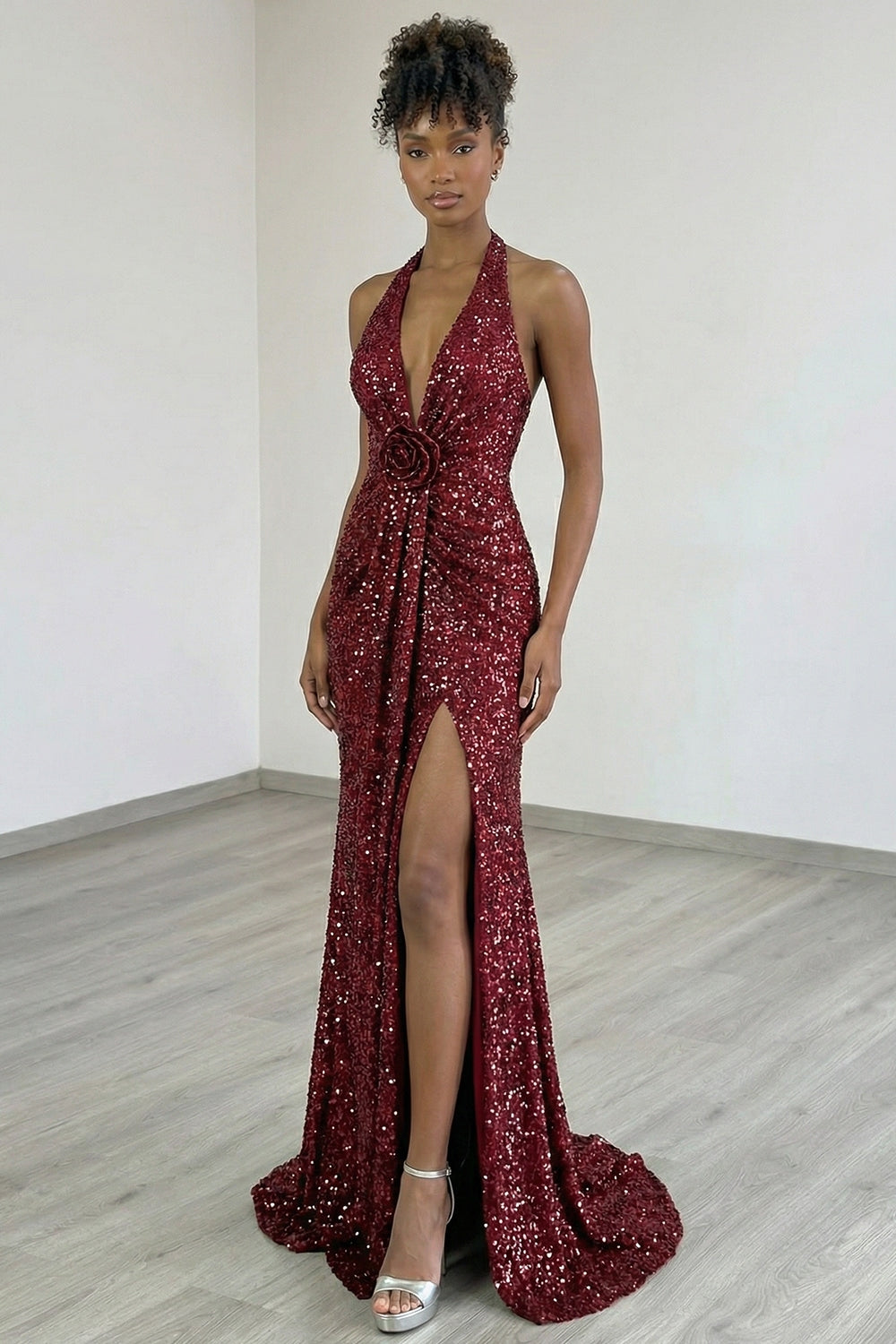 Burgundy Sparkly Halter Neck Sequin Mermaid Long Prom Dress with Slit