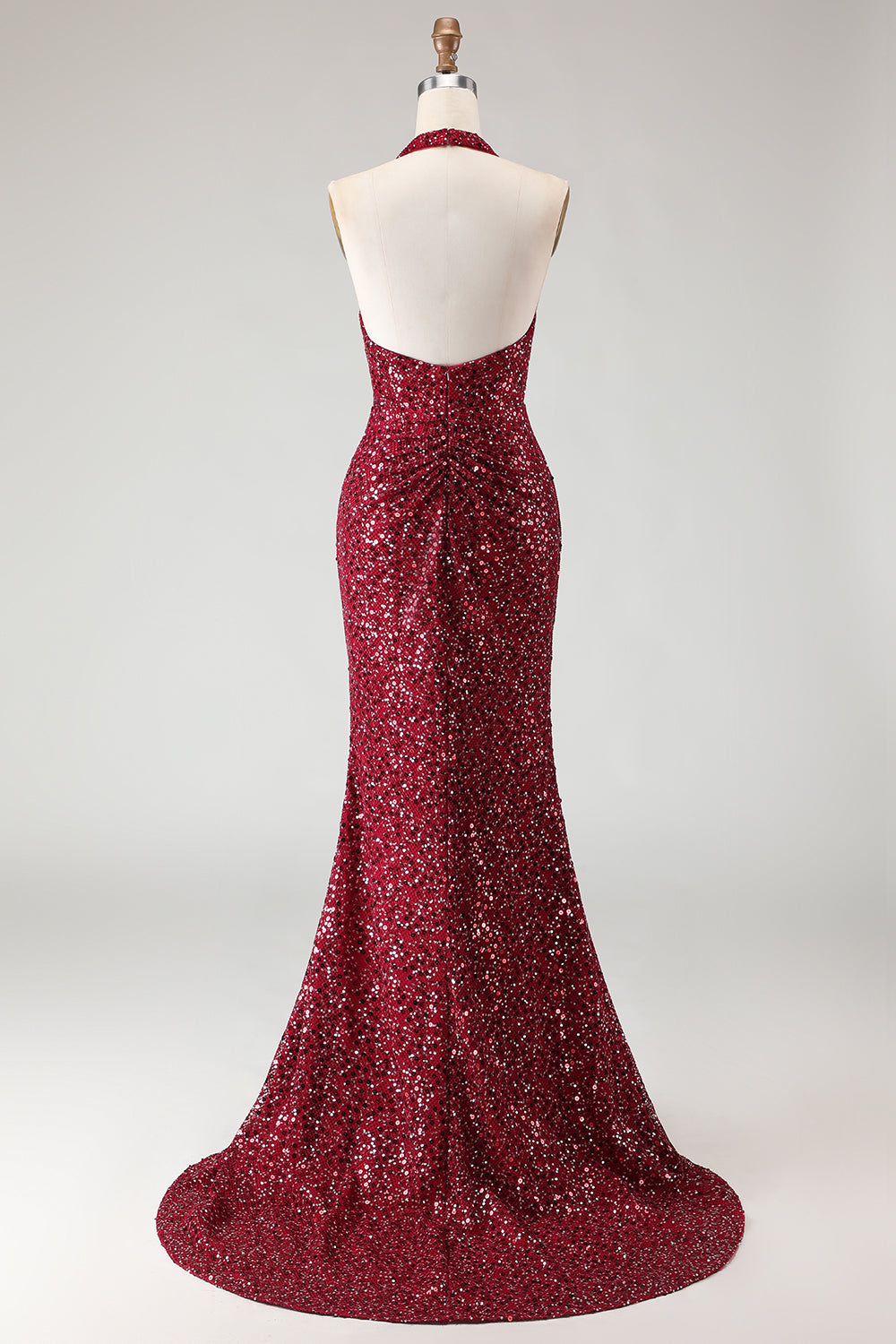 Burgundy Sparkly Halter Neck Sequin Mermaid Long Prom Dress with Slit