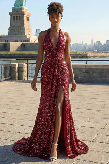 Burgundy Sparkly Halter Neck Sequin Mermaid Long Prom Dress with Slit
