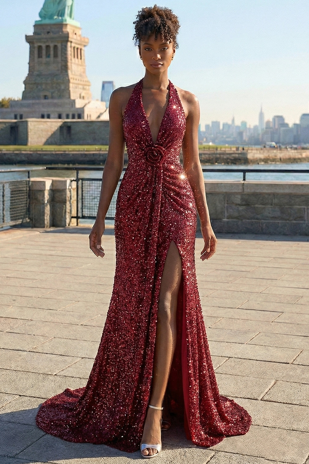 Sparkly Burgundy Sequin Halter Neck Mermaid Long Prom Dress with Slit