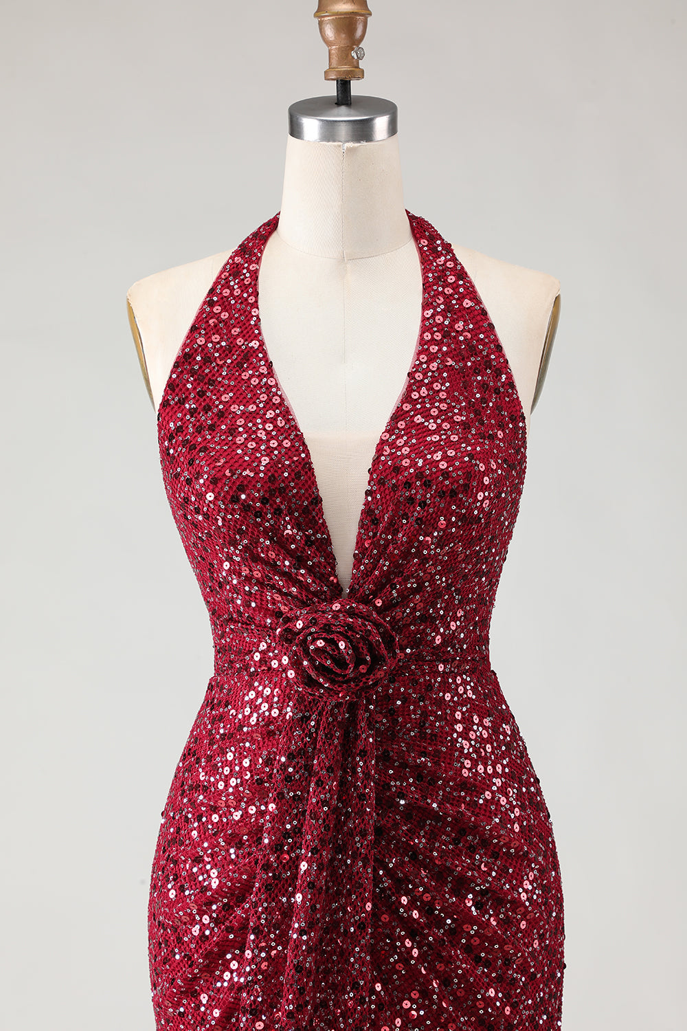 Sparkly Burgundy Sequin Halter Neck Mermaid Long Prom Dress with Slit