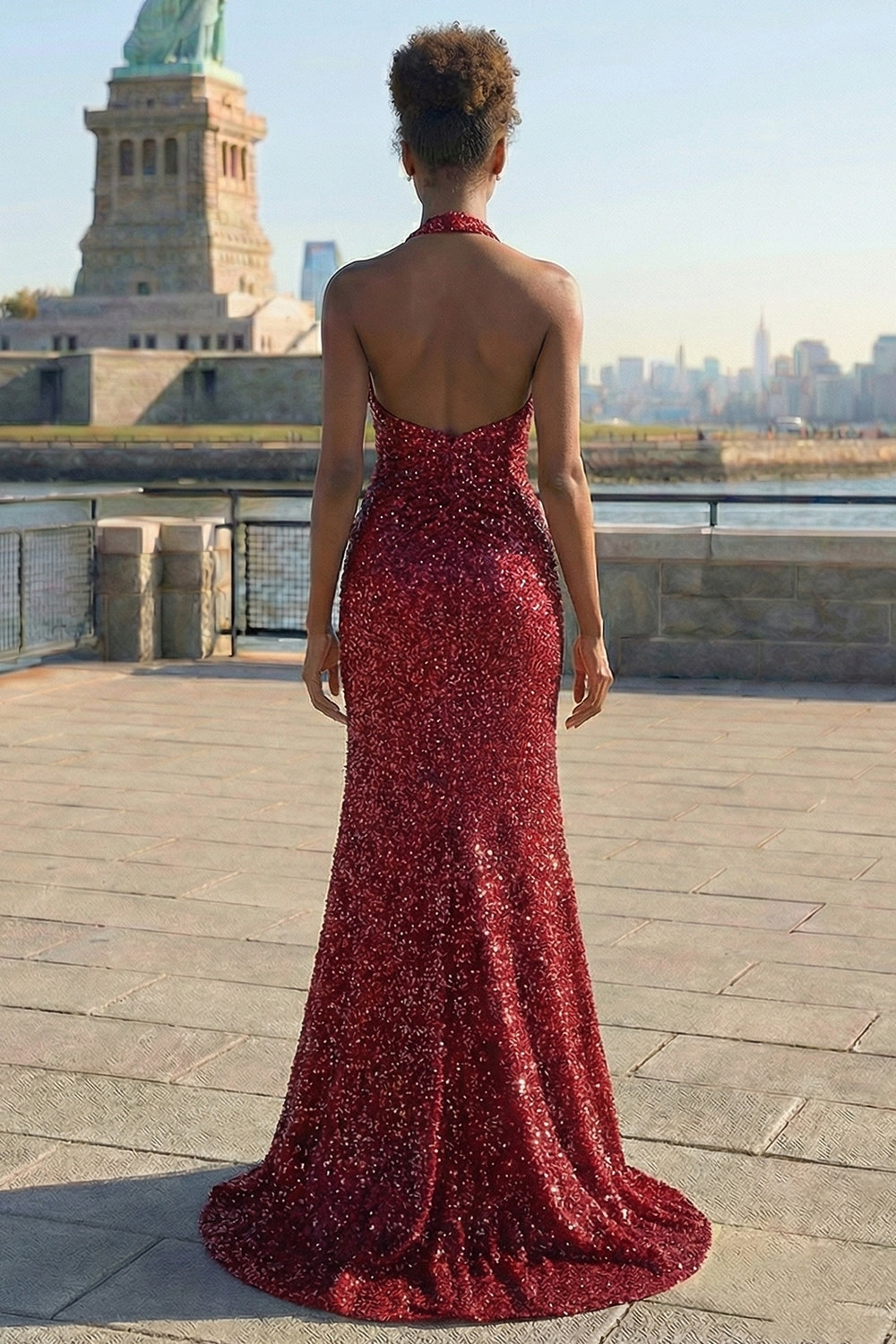 Burgundy Sparkly Halter Neck Sequin Mermaid Long Prom Dress with Slit