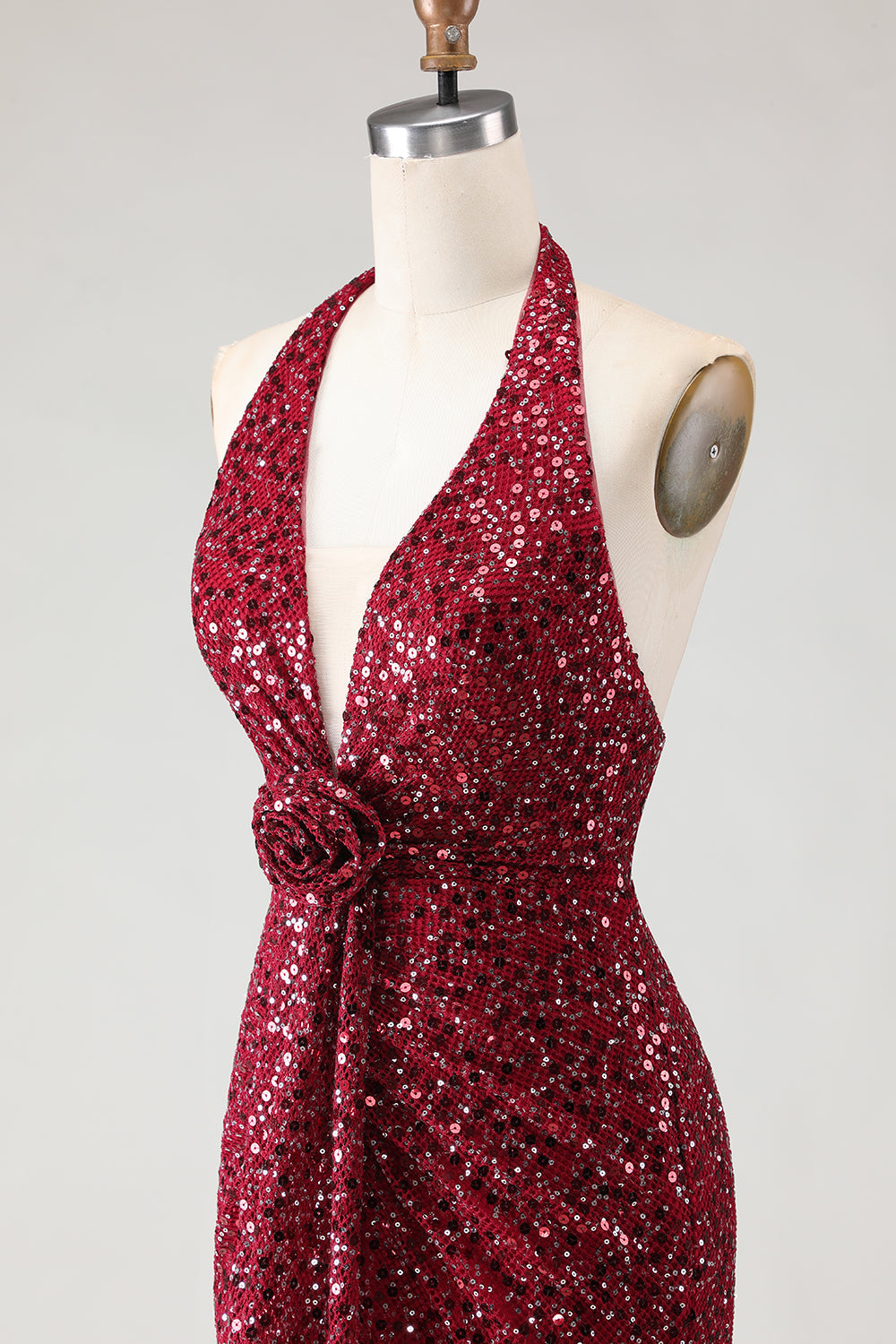 Sparkly Burgundy Sequin Halter Neck Mermaid Long Prom Dress with Slit