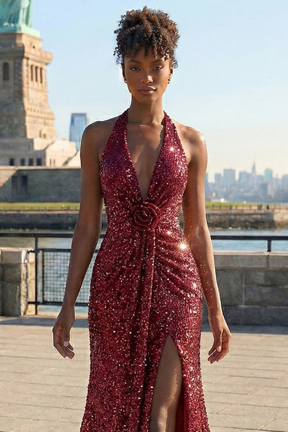 Burgundy Sparkly Halter Neck Sequin Mermaid Long Prom Dress with Slit