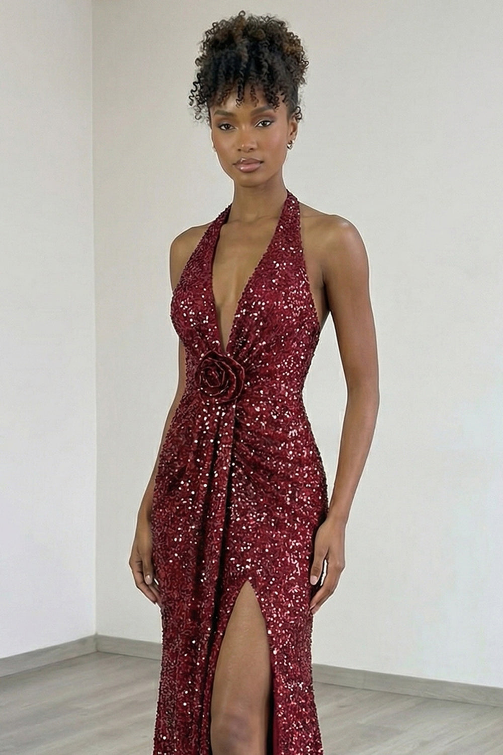 Burgundy Sparkly Halter Neck Sequin Mermaid Long Prom Dress with Slit