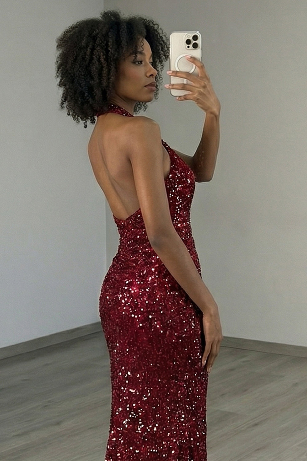 Burgundy Sparkly Halter Neck Sequin Mermaid Long Prom Dress with Slit