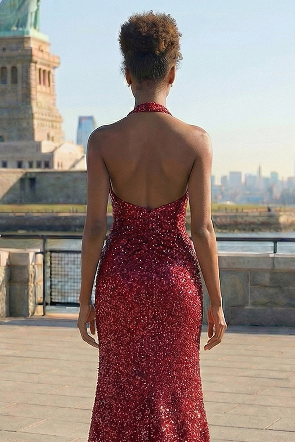 Burgundy Sparkly Halter Neck Sequin Mermaid Long Prom Dress with Slit