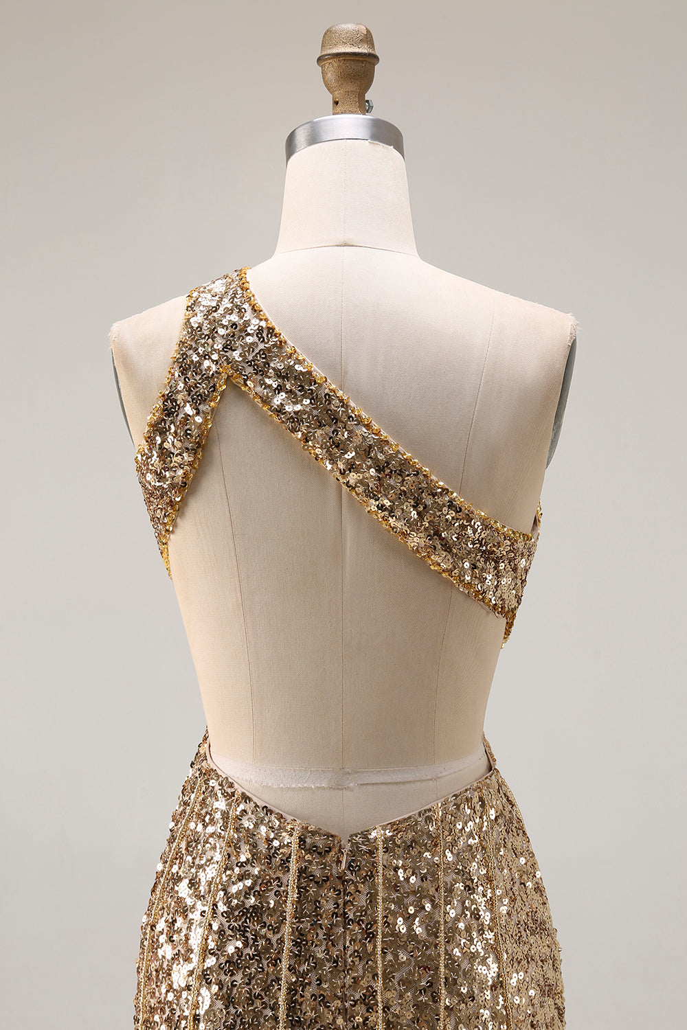 Sparkly Gold Sequins One Shoulder Mermaid Long Prom Dress with Slit