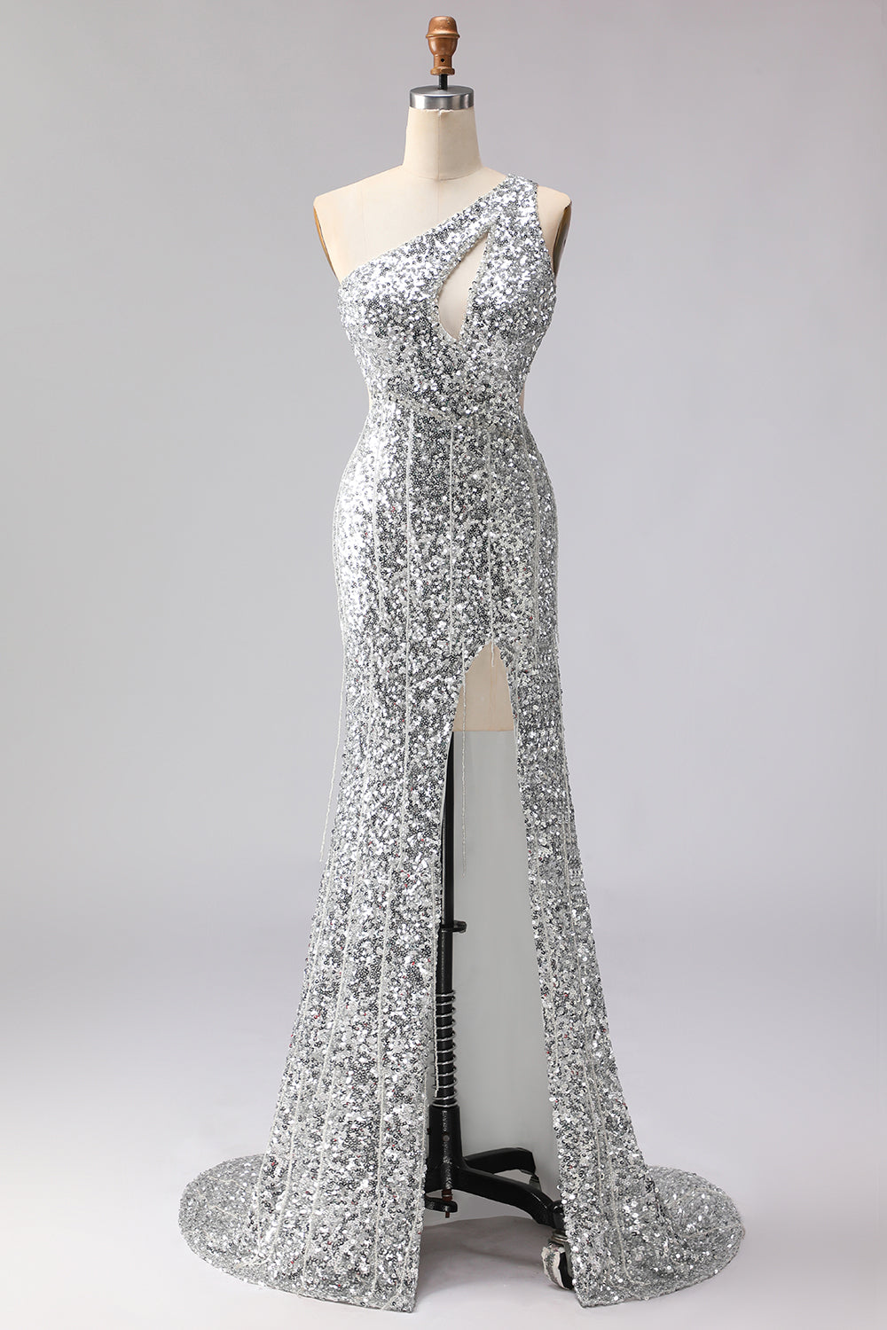 Sparkly Gold Sequins One Shoulder Mermaid Long Prom Dress with Slit