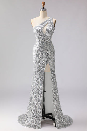 Sparkly Silver Sequins Mermaid Long Prom Dress with Slit