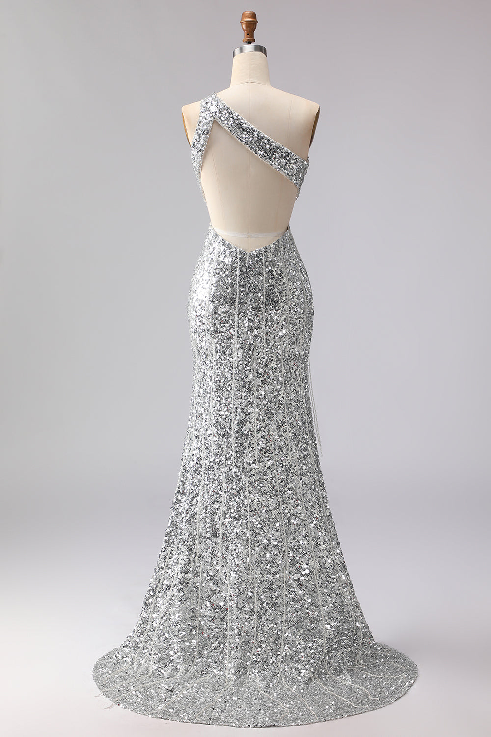 Sparkly Gold Sequins One Shoulder Mermaid Long Prom Dress with Slit
