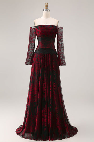Black and Red A Line Off the Shoulder Long Prom Dress with Lace