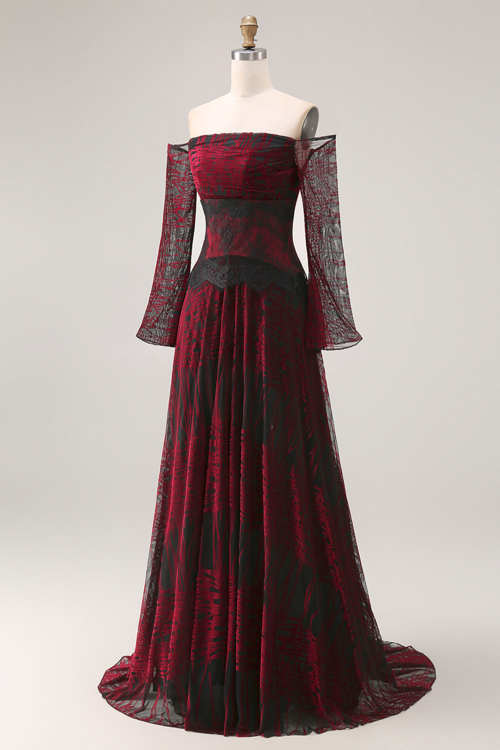 Black and Red A Line Off the Shoulder Long Prom Dress with Lace