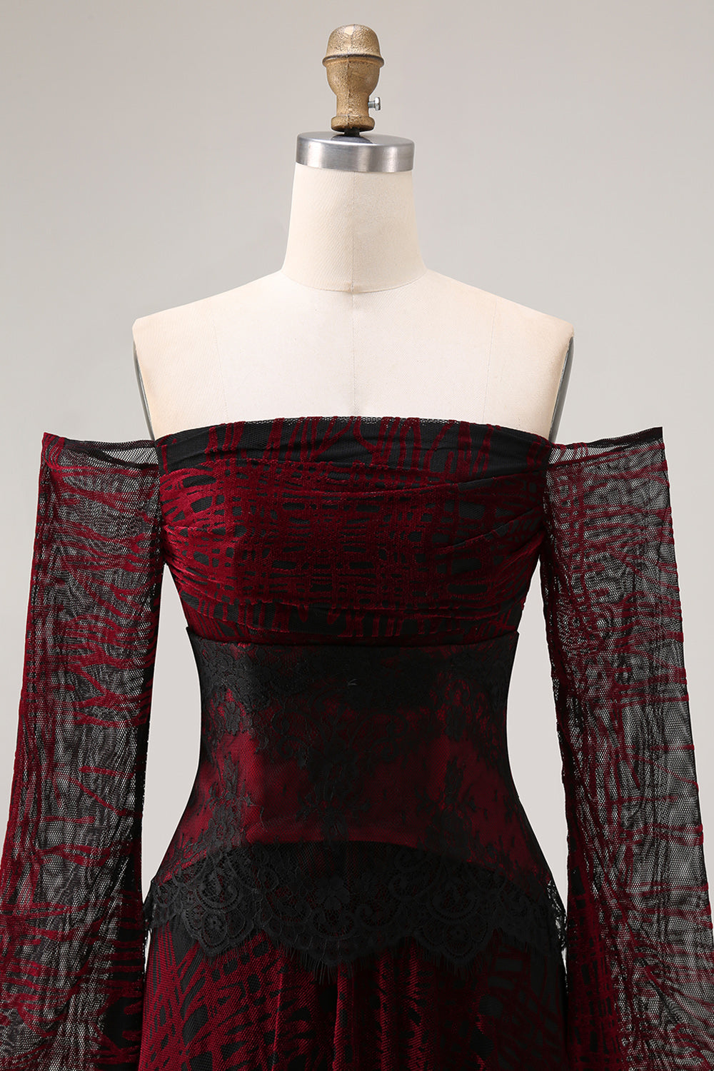Black and Red A Line Off the Shoulder Long Prom Dress with Lace