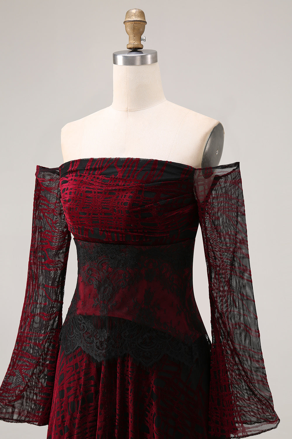 Black and Red A Line Off the Shoulder Long Prom Dress with Lace