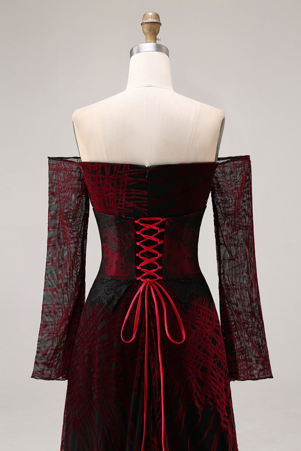 Black and Red A Line Off the Shoulder Long Prom Dress with Lace
