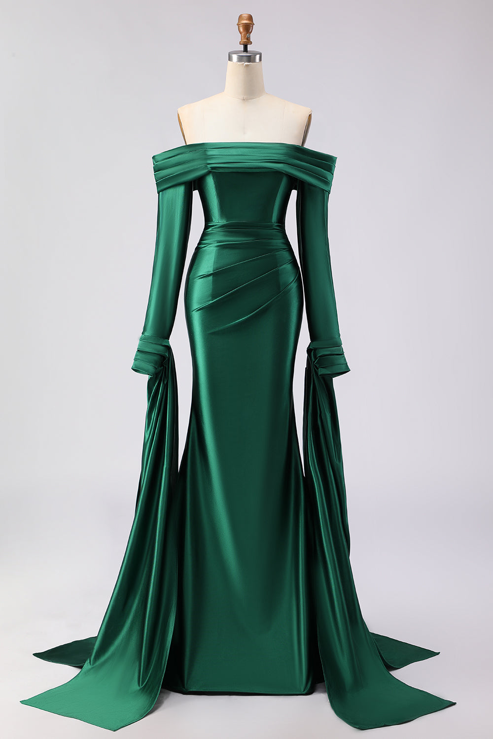 Dark Green Mermaid Satin Off the Shoulder Long Prom Dress with Sleeves