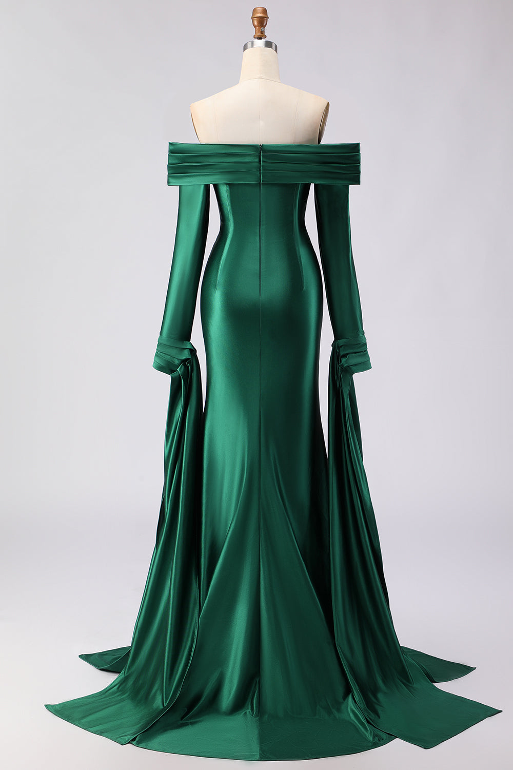 Dark Green Mermaid Satin Off the Shoulder Long Prom Dress with Sleeves