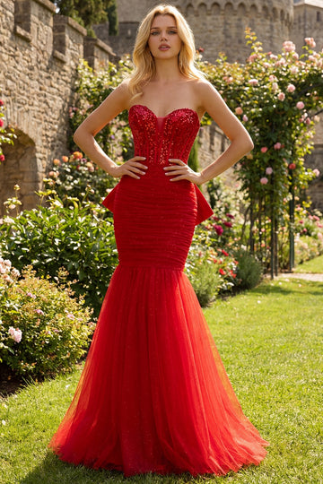Sparkly Red Mermaid Tulle Long Corset Prom Dress with Bow