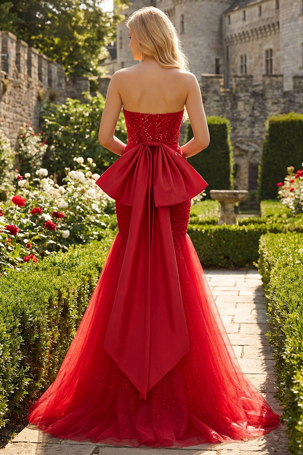 Sparkly Red Mermaid Tulle Long Corset Prom Dress with Bow