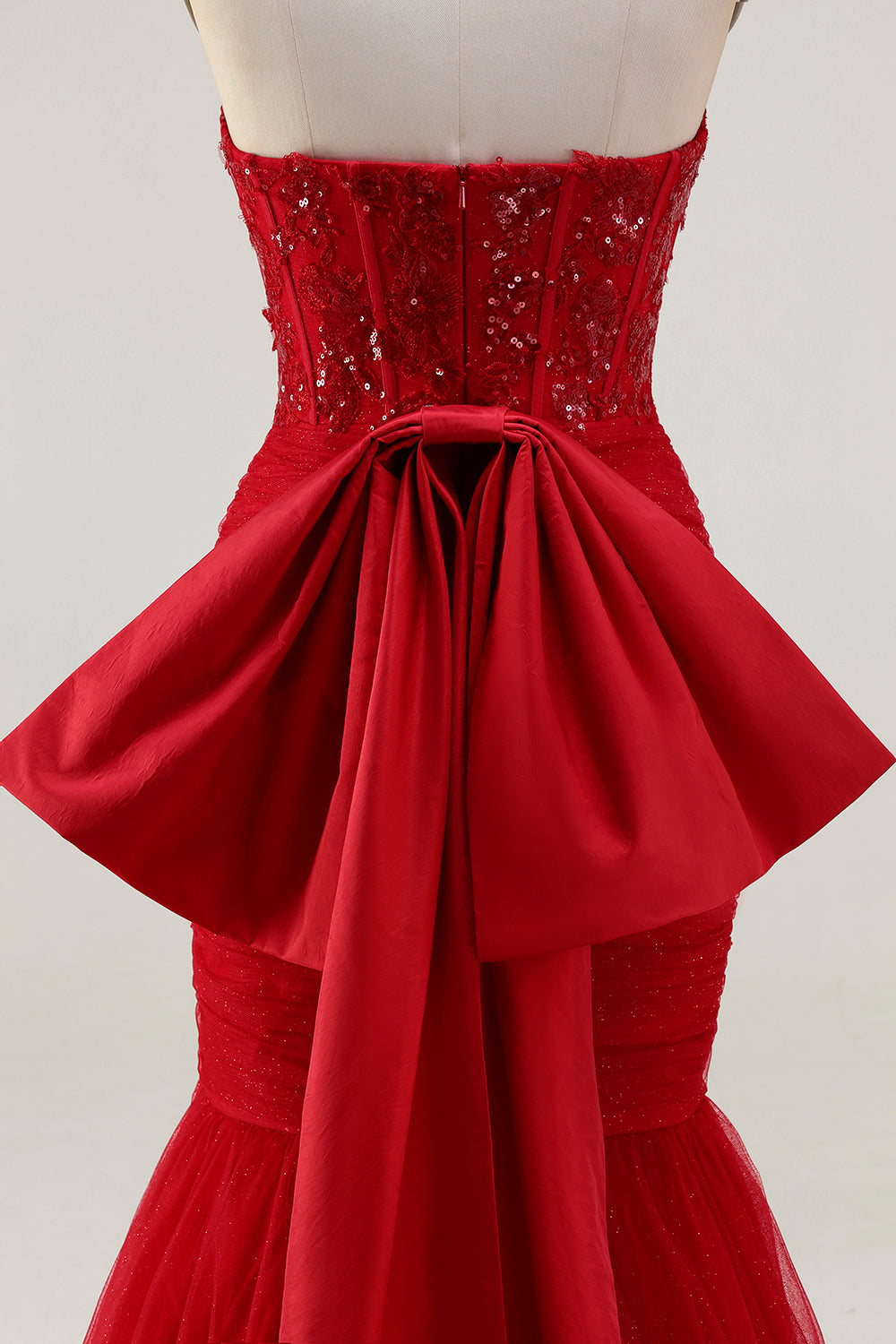 Sparkly Red Mermaid Tulle Long Corset Prom Dress with Bow