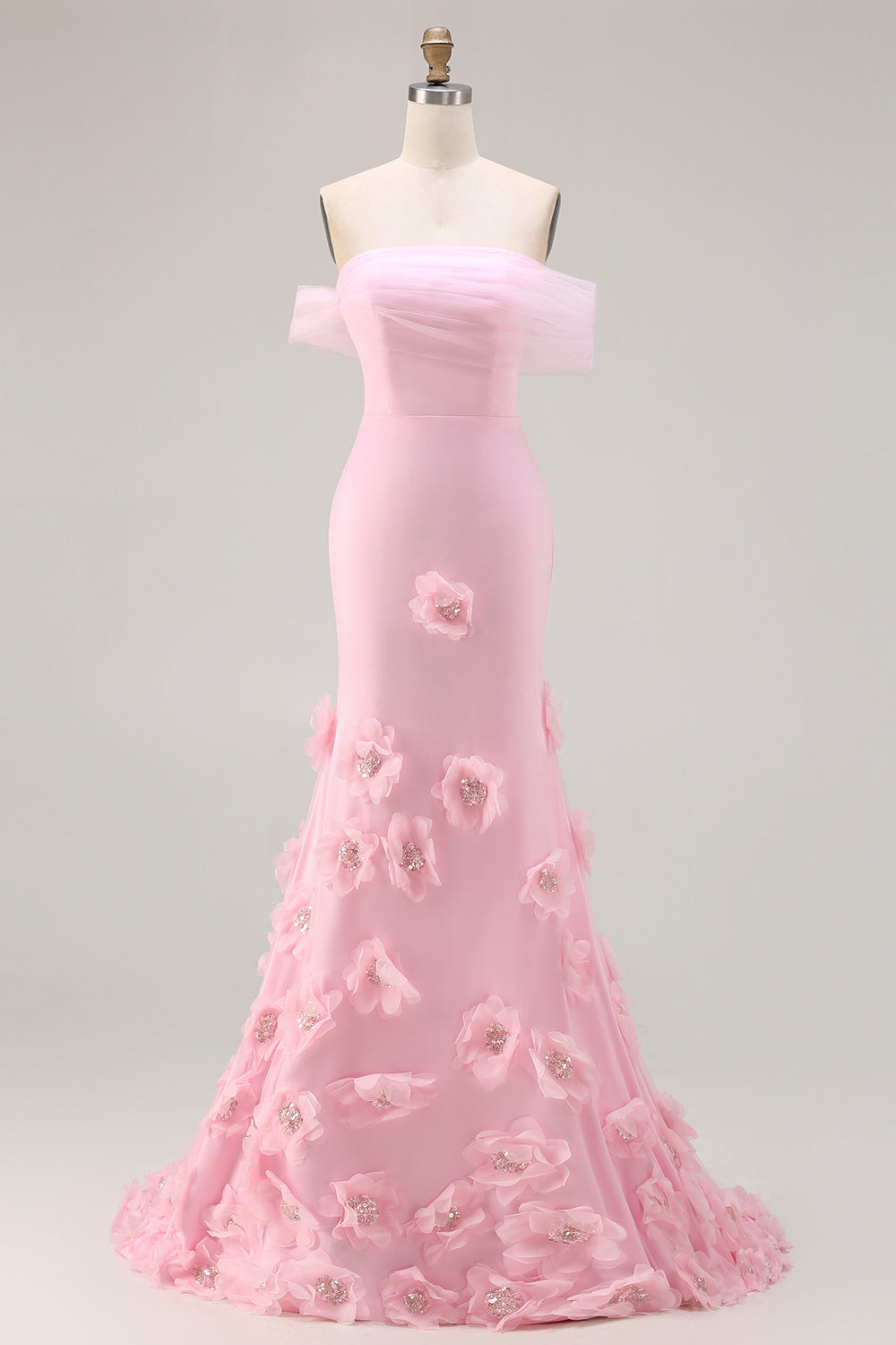 Sparkly Pink Floral Mermaid Off the Shoulder Long Prom Dress with 3D Flowers