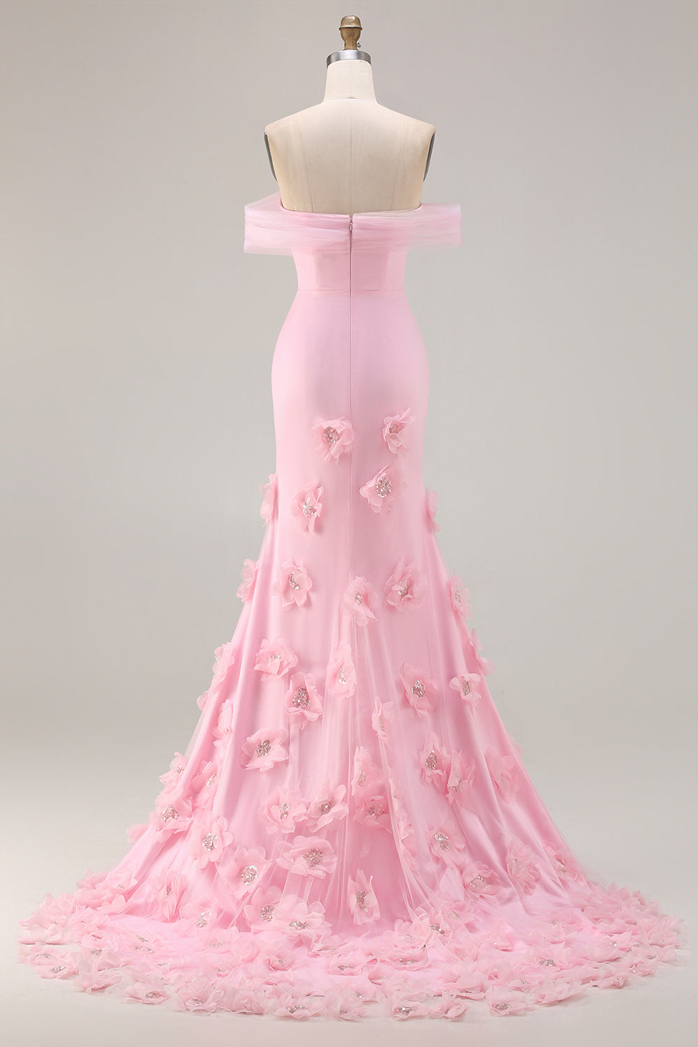 Sparkly Pink Floral Mermaid Off the Shoulder Long Prom Dress with 3D Flowers