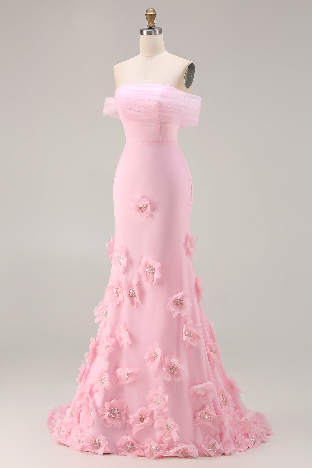 Sparkly Pink Floral Mermaid Off the Shoulder Long Prom Dress with 3D Flowers