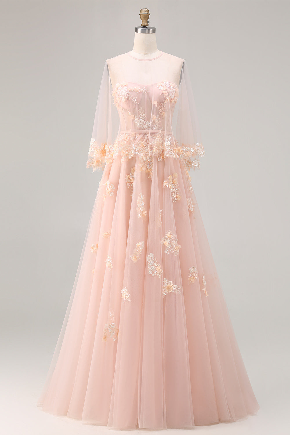 Green Floral A Line Tulle Long Corset Prom Dress with Cape