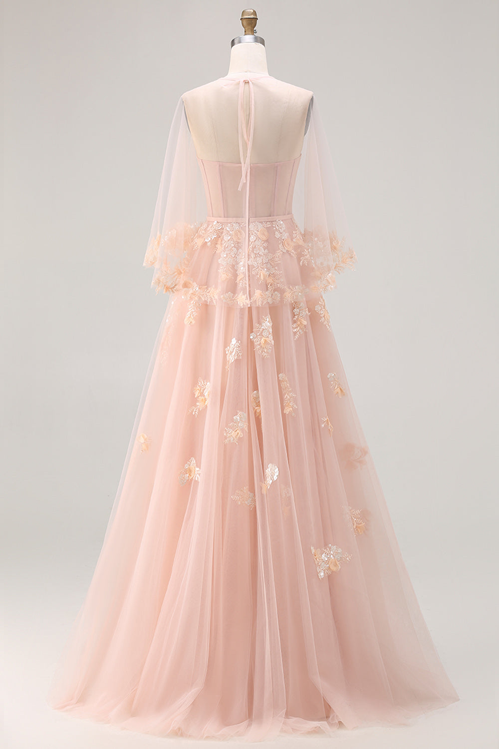 Green Floral A Line Tulle Long Corset Prom Dress with Cape