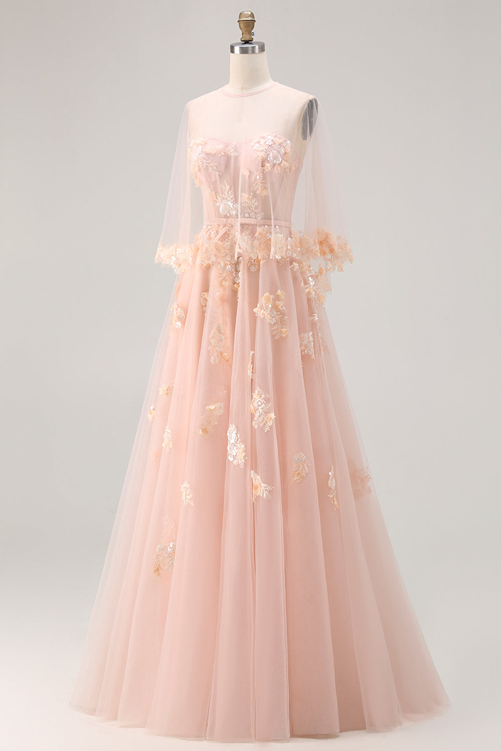Green Floral A Line Tulle Long Corset Prom Dress with Cape
