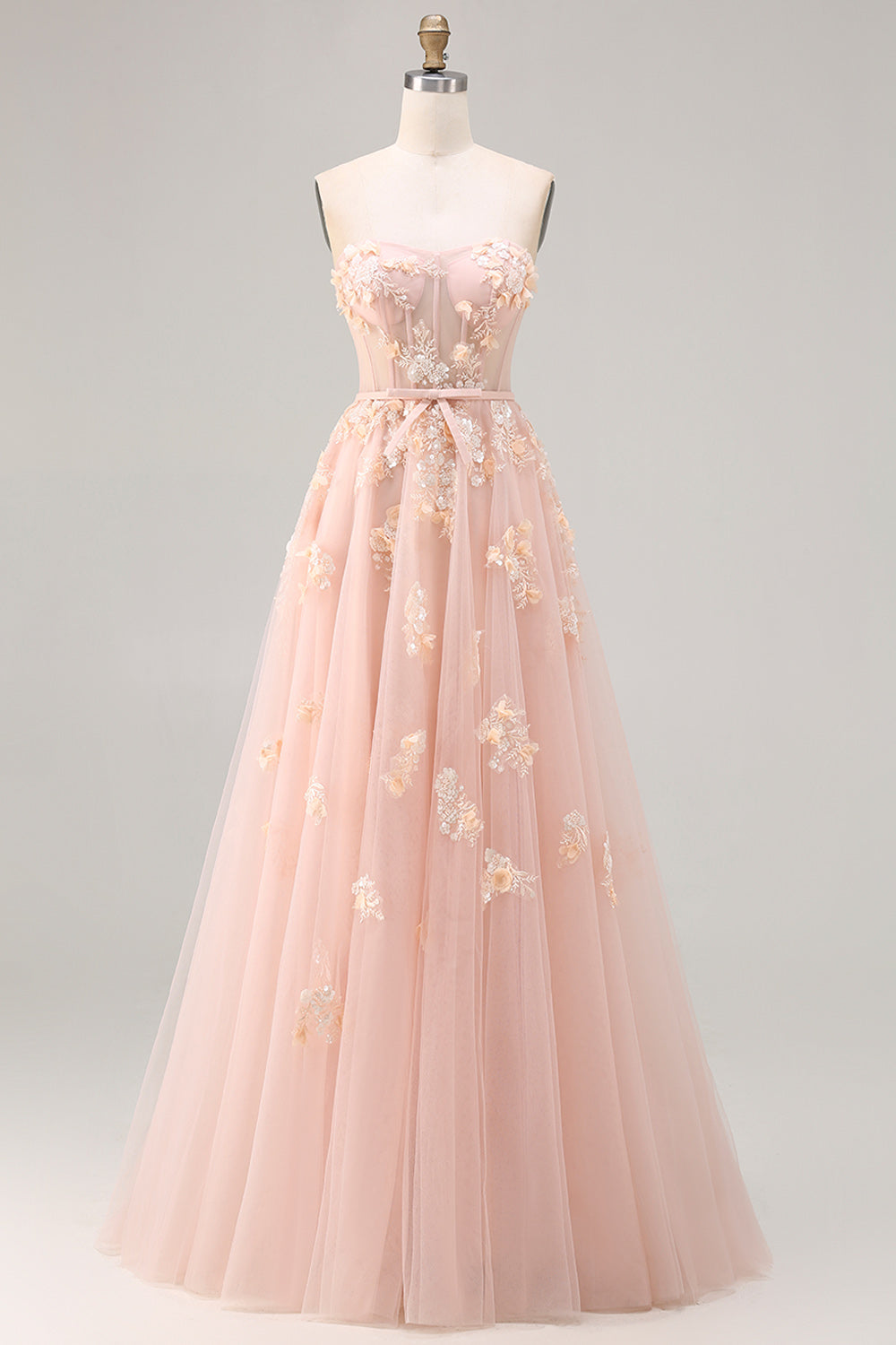 Blush Floral Tulle A Line Corset Long Prom Dress with Cape