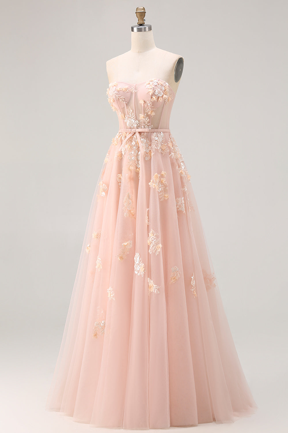Blush Floral Tulle A Line Corset Long Prom Dress with Cape