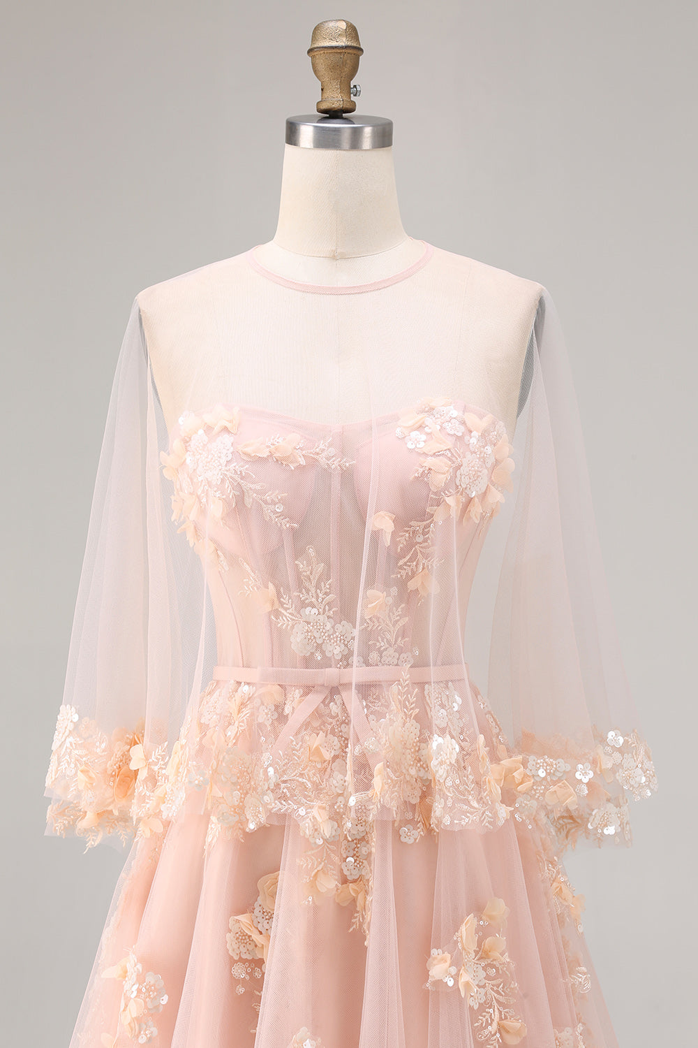 Green Floral A Line Tulle Long Corset Prom Dress with Cape