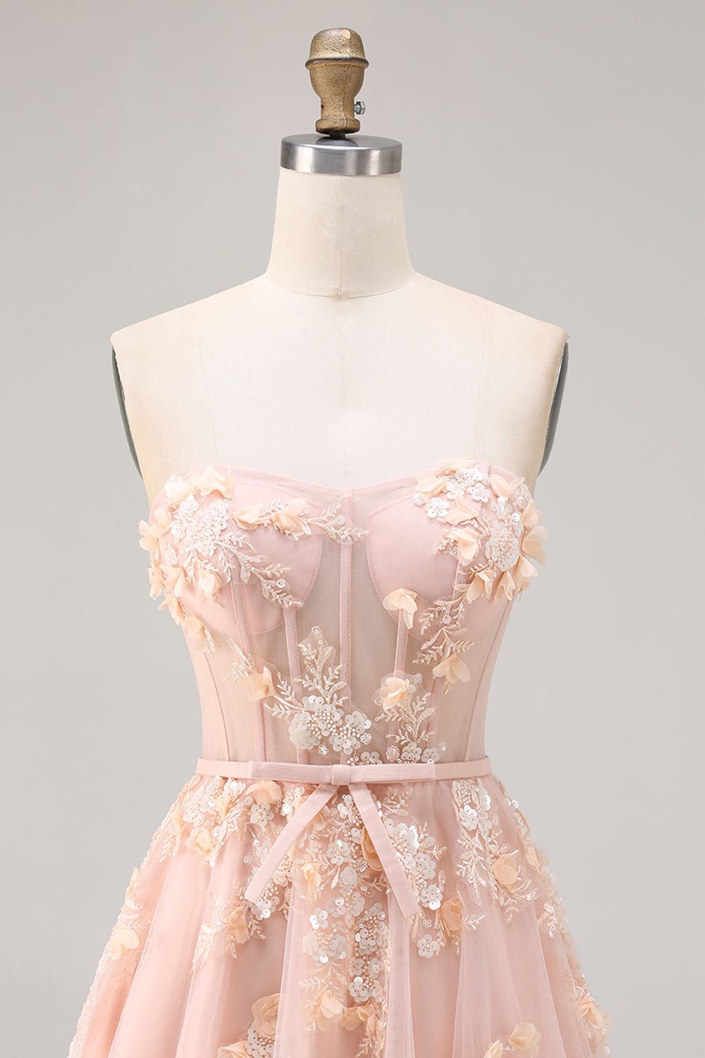 Blush Floral Tulle A Line Corset Long Prom Dress with Cape